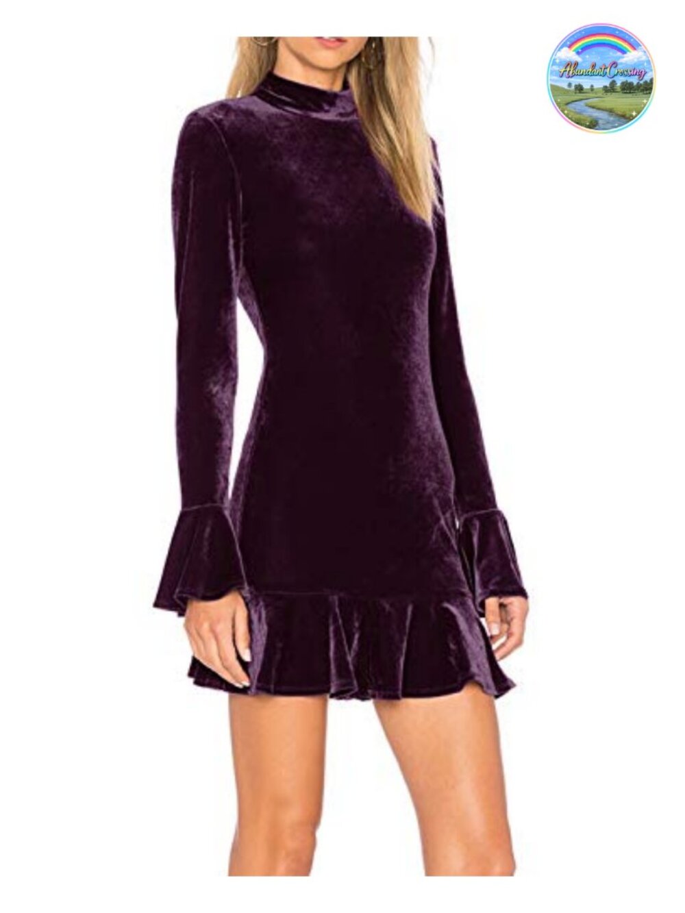 Velvet Ruffle Bodycon Mini Dress Long Sleeve High Neck Winter Party